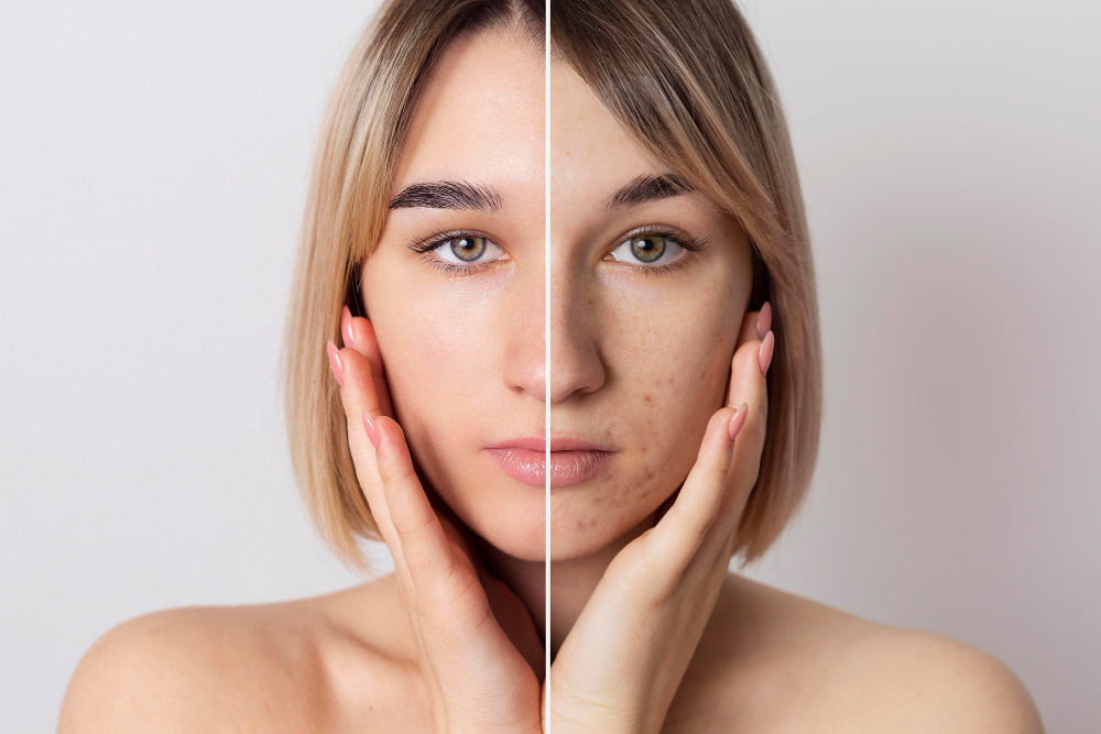 Como evitar ou tratar acne 2 before after portrait woman retouched